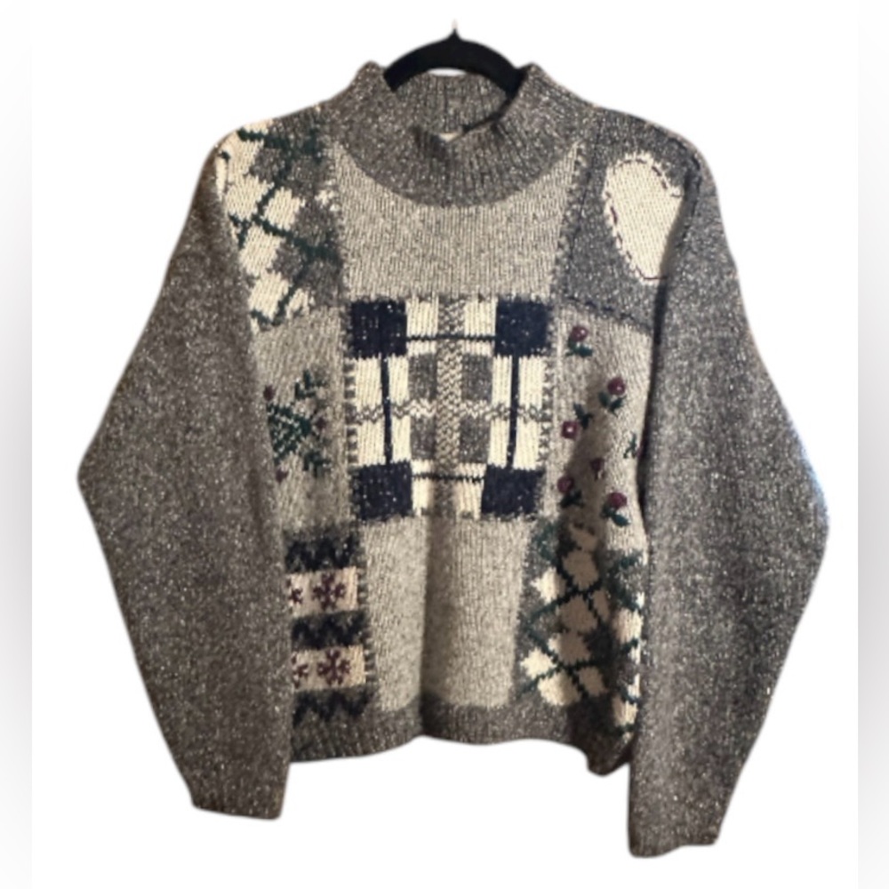 Silk Vintage id Distinctions Silk Angora Patchwork Knit Sweater Gray Mock Neck M